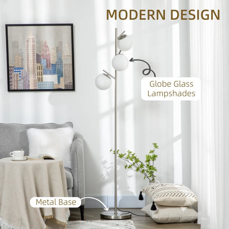 HOMCOM 3-Light Tree Floor Lamps for Living Room, Modern Standing Lamp for Bedroom with Globe Lampshade, Steel Base, Bulb not Included, Silver Tone