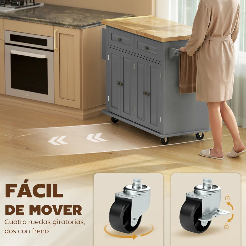 HOMCOM Isla de Cocina con Ruedas Mueble Auxiliar de Cocina con Especiero y Barra Lateral 111x44,5x82,5 cm Gris