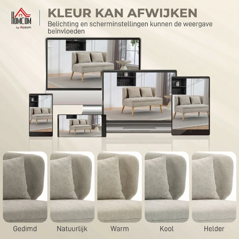 HOMCOM 2-zitsbank, kleine chenille-bank met vleugelrug, dikke zitting, rubberhouten poten, Beige