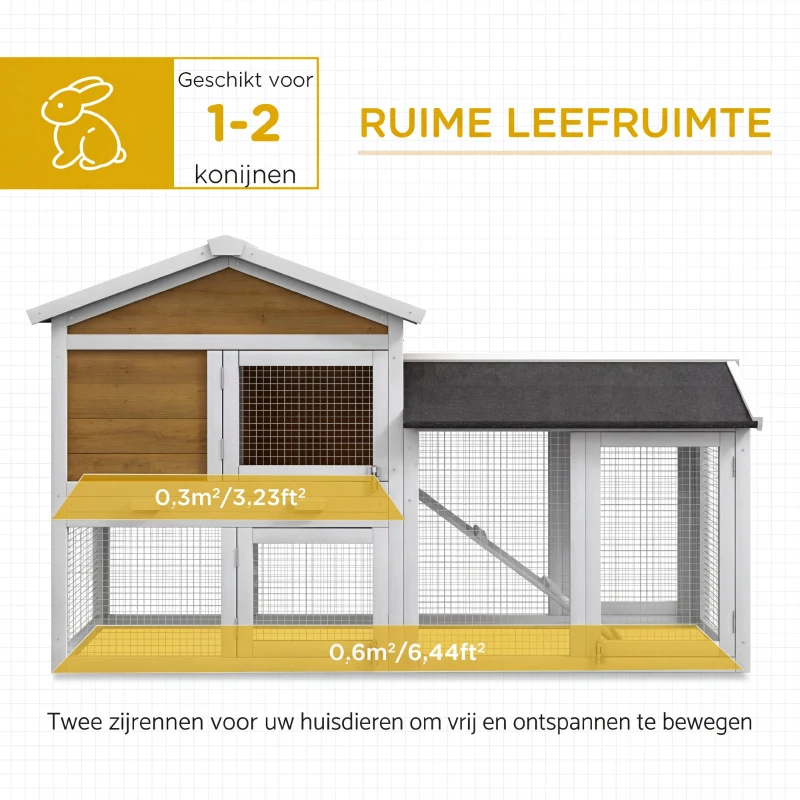 PawHut Konijnenhok 2 verdiepingen konijnenhok hout konijnenkooi met bitumendak ren helling deuren 147x54x84 cm geel