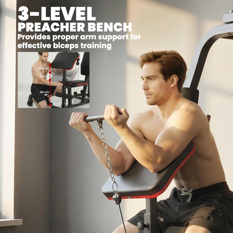 SPORTNOW Home Multi Gym Smith Machine with 65kg Weight Stack, Cable Pulley System, Chest Station, Preacher Pad & Leg Developer