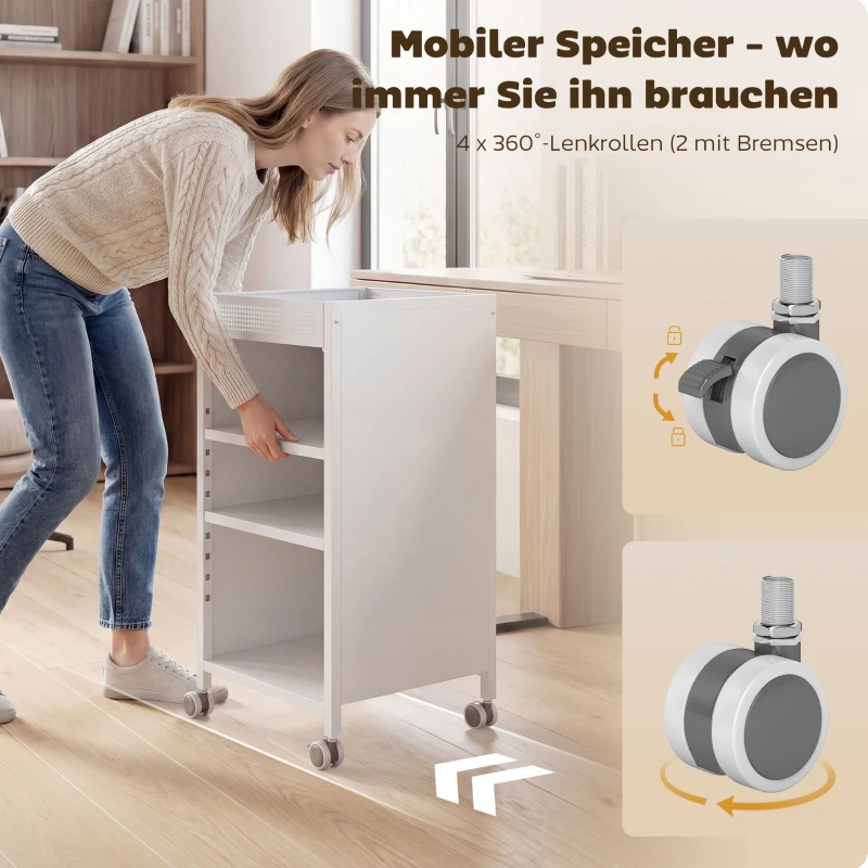 HOMCOM Boekenrek mobiel met verstelbare planken, 3-lagen rolwagen met bovenste mand, wit