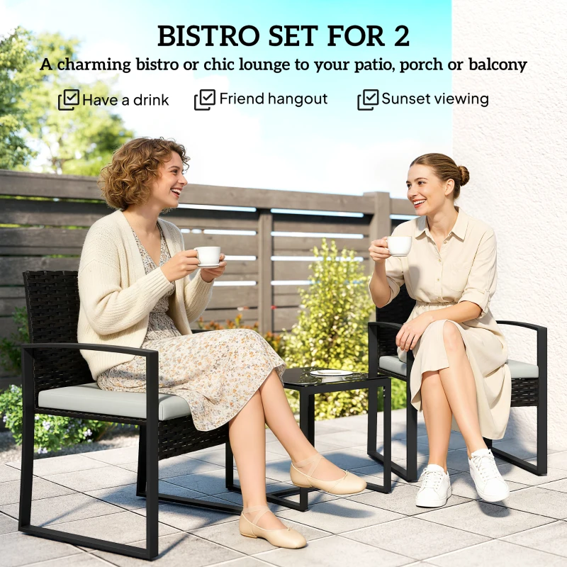 Outsunny Zestaw bistro z rattanu, 3-częściowy zestaw mebli ogrodowych z 2 krzesłami, stolik, zdejmowane poduszki, kremowy