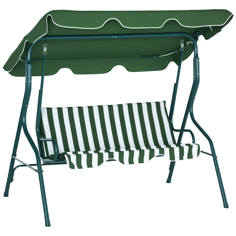 Outsunny 3 Seater Garden Swing Seat Chair Outdoor Bench with Adjustable Canopy and Metal Frame, Green Stripes