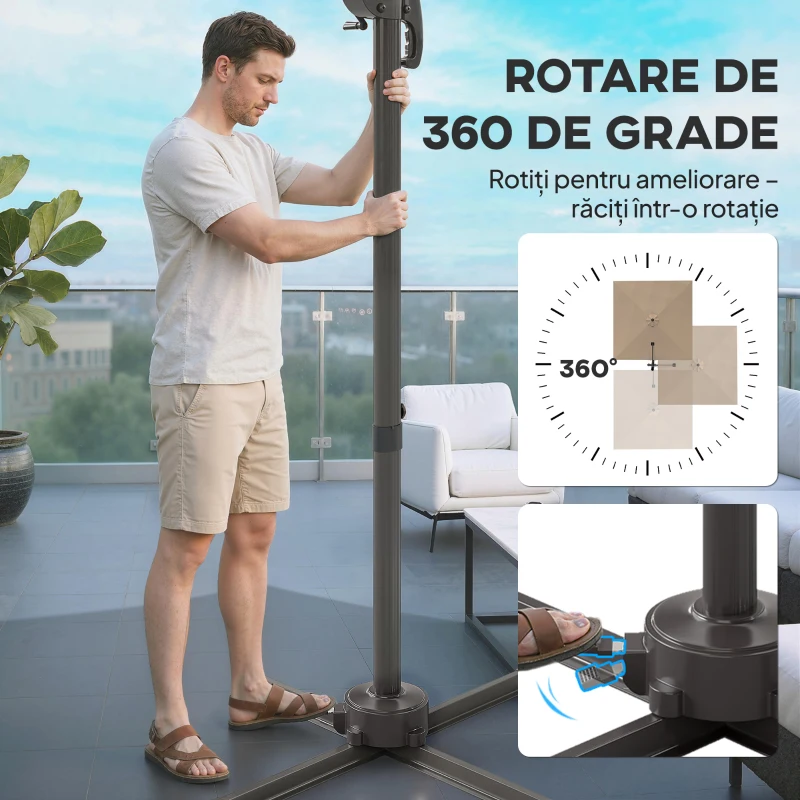 Outsunny Umbrelă de Grădină 3x3m Decentralizată cu Bază în Formă de Cruce și Acoperiș, din Aluminiu, Kaki