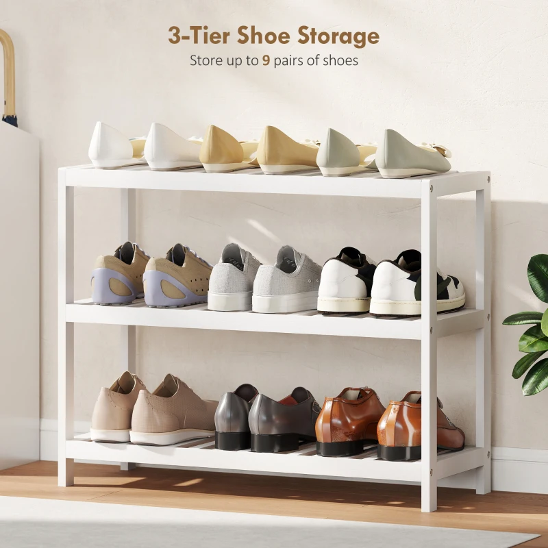 HOMCOM 3-Tier Bamboo Shoe Rack, Freestanding Shoe Shelf for Hallway, Entryway, Living Room, Holds 9 Pairs, Easy Assembly, White