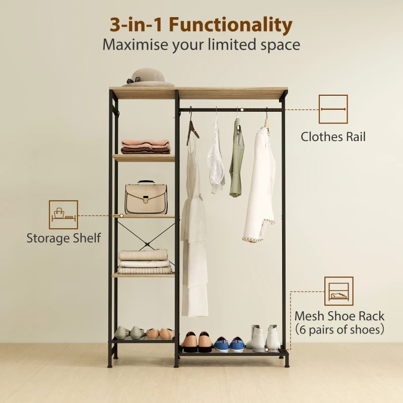 HOMCOM Freestanding Coat Rack Stand, Modern Hall Tree with Clothes Rail, Mesh Shoe Rack and Metal Frame for Hallway, Living Room, Bedroom, Oak and Black