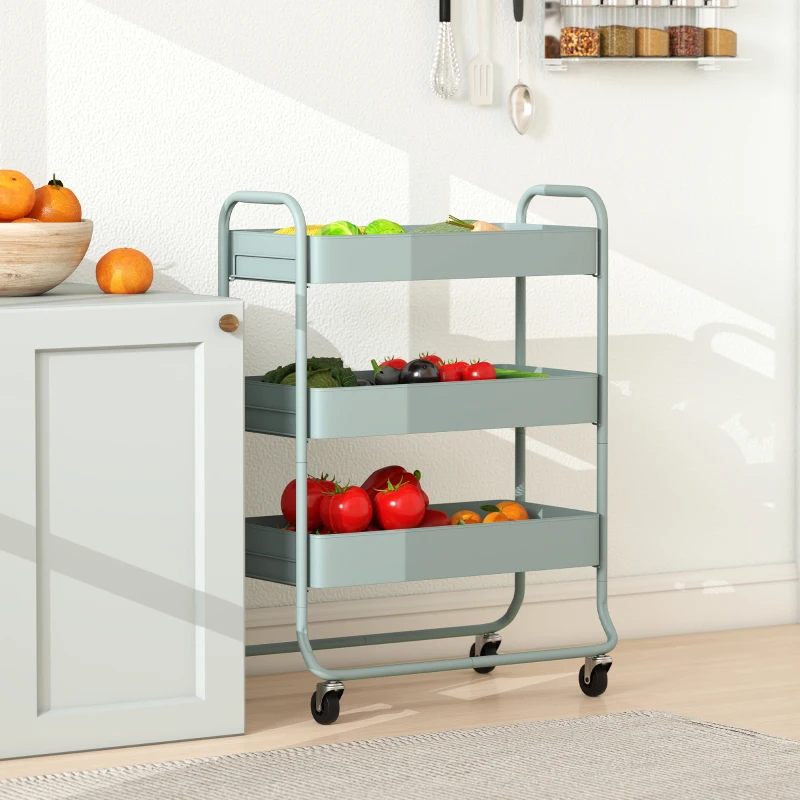 HOMCOM 3-Tier Storage Trolley on Wheels, Rolling Utility Cart with Mesh Backets for Kitchen, Bathroom, Bedroom, Light Green