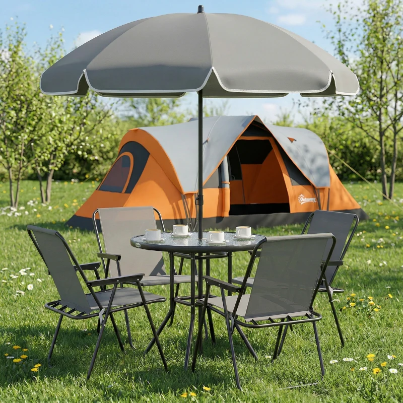 Outsunny 4 Seater Garden Furniture Set, 6 Pieces Garden Table and Chairs with Parasol, Outdoor Garden Dining Set with Folding Chairs and Round Glass Top Table for Patio, Grey