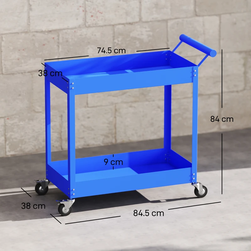 DURHAND 2-Tier Workshop Trolley, Side Handle and Lockable Wheels, 84.5x38x84 cm, blue