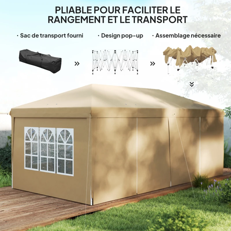 Outsunny Pop-up waterproof folding canopy 6 x 3 x 2.7 m 4 removable sidewalls 4 windows carry bag khaki