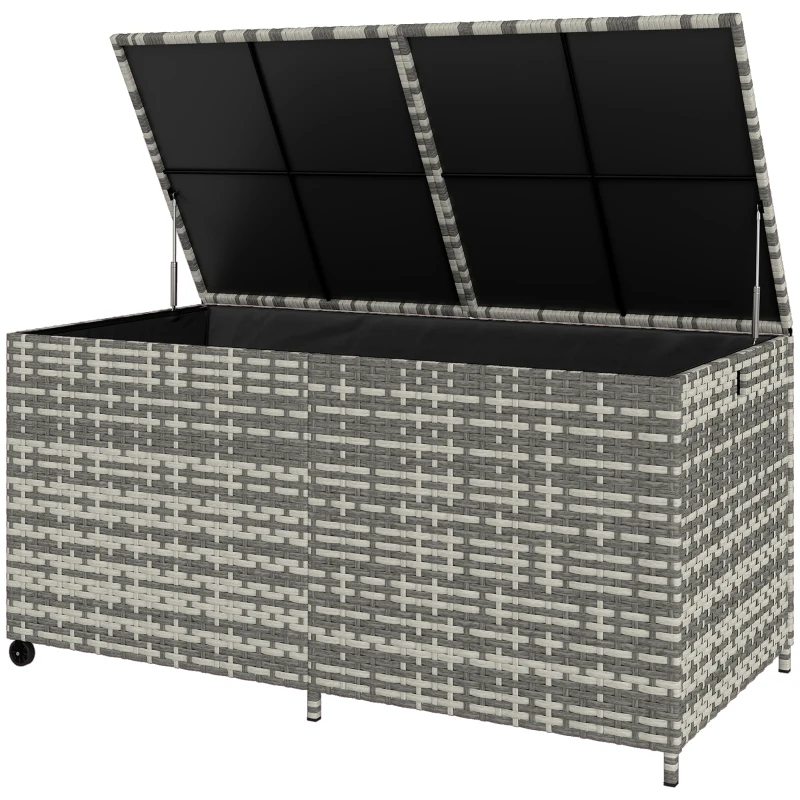 Outsunny 650L Garden Storage Box with 2 Wheels, Rattan Deck Box with Waterproof Zipped Liner, Safe Pneumatic Rods, Mixed Grey