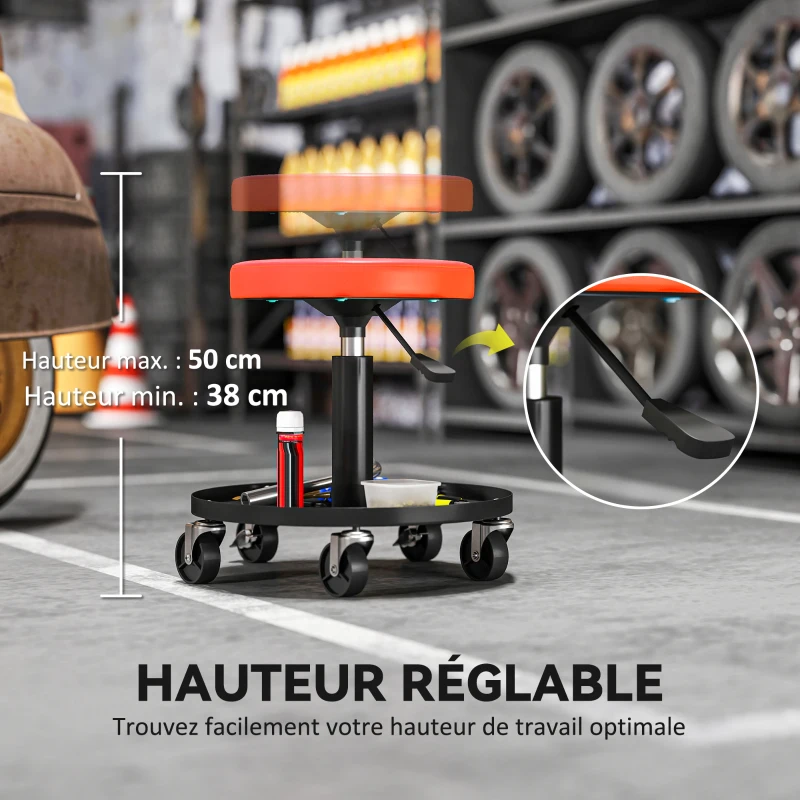HOMCOM Workshop Stool with 5 360° Swivel Casters, Adjustable Height 38-50 cm, with Tray, 38 x 38 x 38-50 cm, Orange