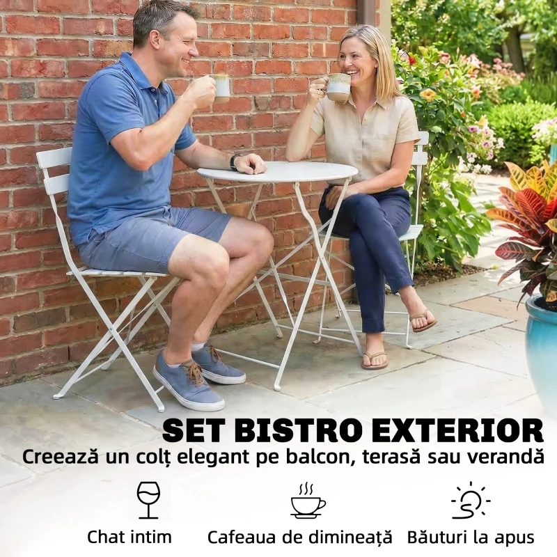Outsunny Set Bistro Pliabil pentru Exterior cu Masă și 2 Scaune, Alb