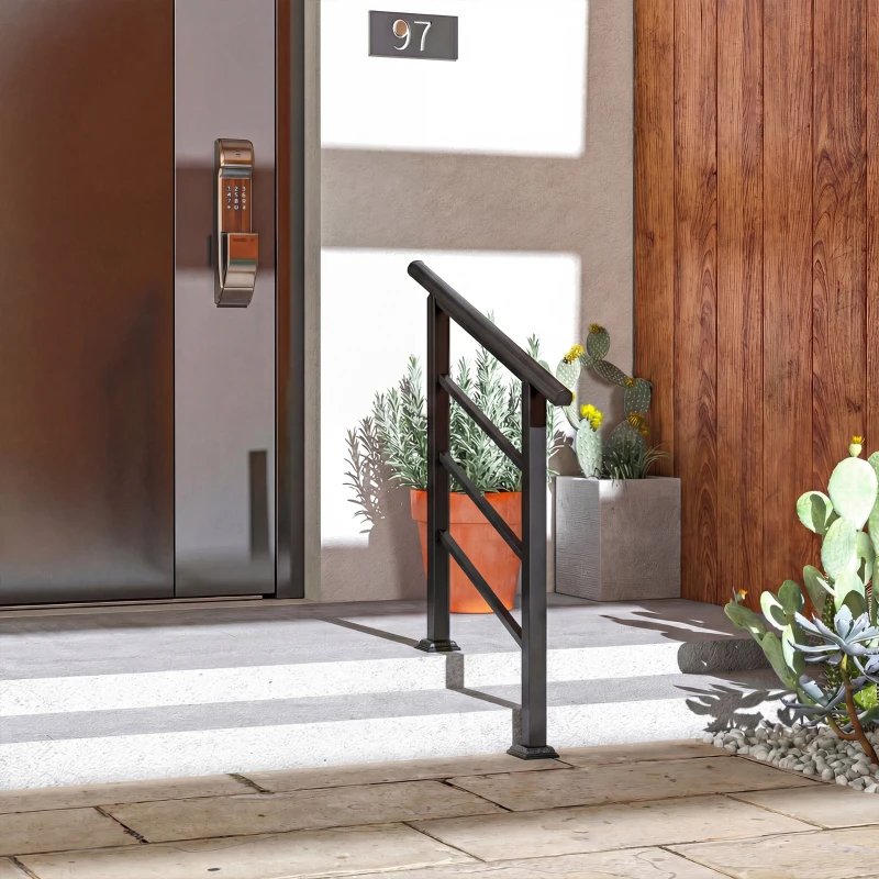 Outsunny Outdoor Stair Railing for 1 to 3 Steps, Metal Stair Handrail with Installation Kit, Black