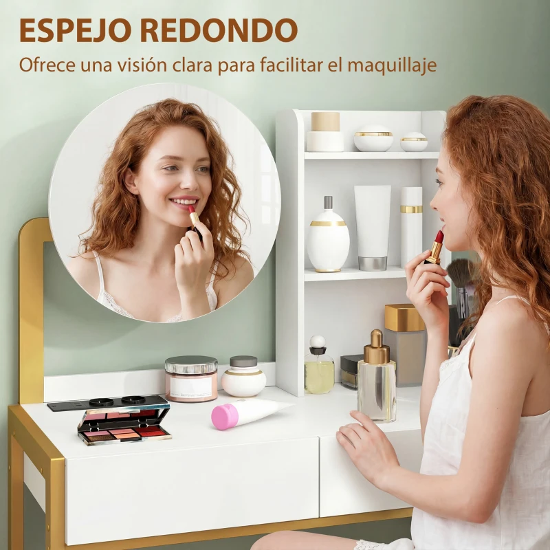 HOMCOM Tocador de Maquillaje con Espejo y Taburete Acolchado Estación de Carga 2 Cajones 3 Estantes para Dormitorio Blanco