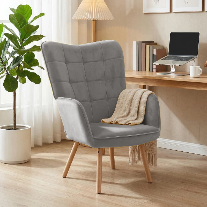 HOMCOM Modern Accent Chair Velvet Tufted Wingback Armchair Upholstered Leisure Club Chair with Wood Legs, Grey