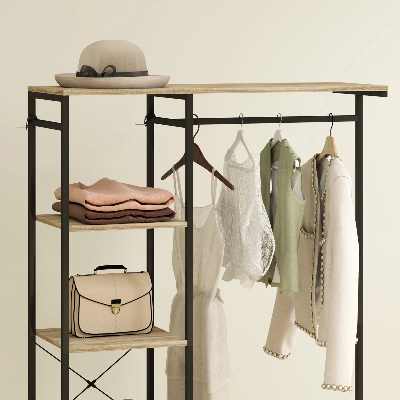 HOMCOM Freestanding Coat Rack Stand, Modern Hall Tree with Clothes Rail, Mesh Shoe Rack and Metal Frame for Hallway, Living Room, Bedroom, Oak and Black