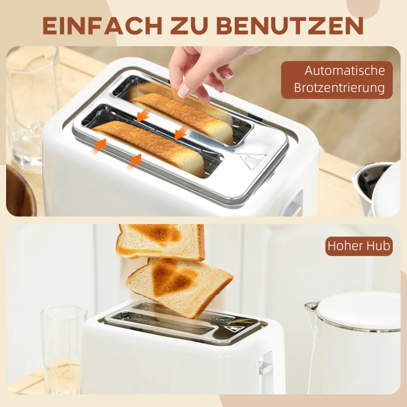 HOMCOM zestaw czajnik i toster ze stali nierdzewnej, czajnik 1,5 l 2200W z automatycznym wyłączaniem, funkcja podtrzymywania ciepła 40-100°C, toster na 2 kromki z 7 poziomami opiekania, funkcja rozmrażania, podgrzewania i wyświetlacz LED, biały