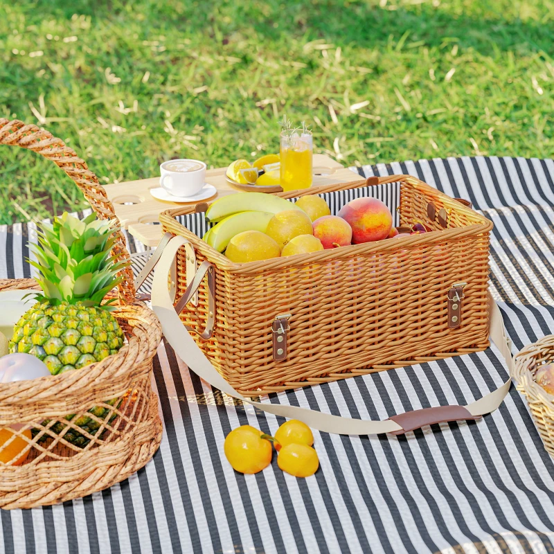 Outsunny Wicker picnic basket for 4 with pine wine table picnic basket with adjustable strap light brown