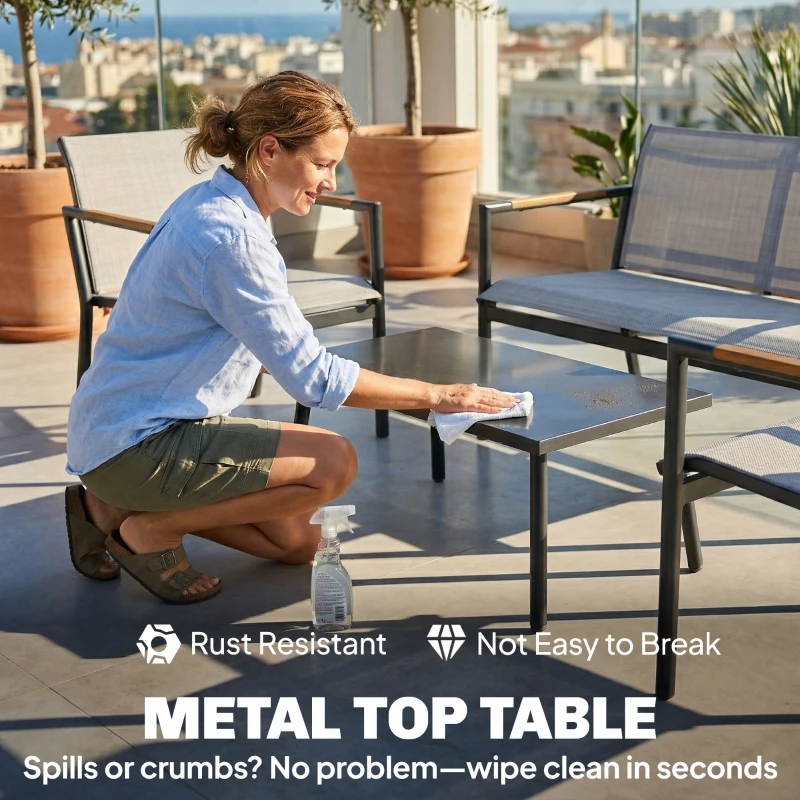 Outsunny Tuinmeubelset Zitgroep voor 4 Personen Ademend Tuinlounge met 2-zitsbank 2 Fauteuils Metalen Tafel Voetbeschermers