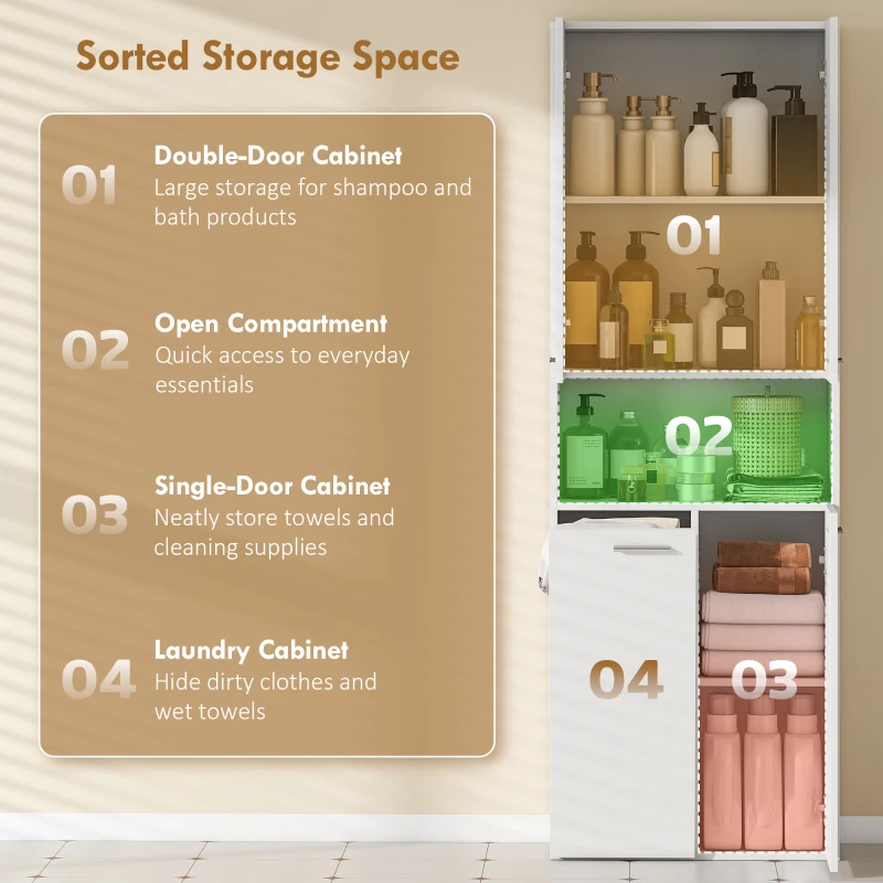 HOMCOM Wysoka na 174 cm szafka łazienkowa z uchylnym koszem na pranie i drzwiami Soft-Close, Biała