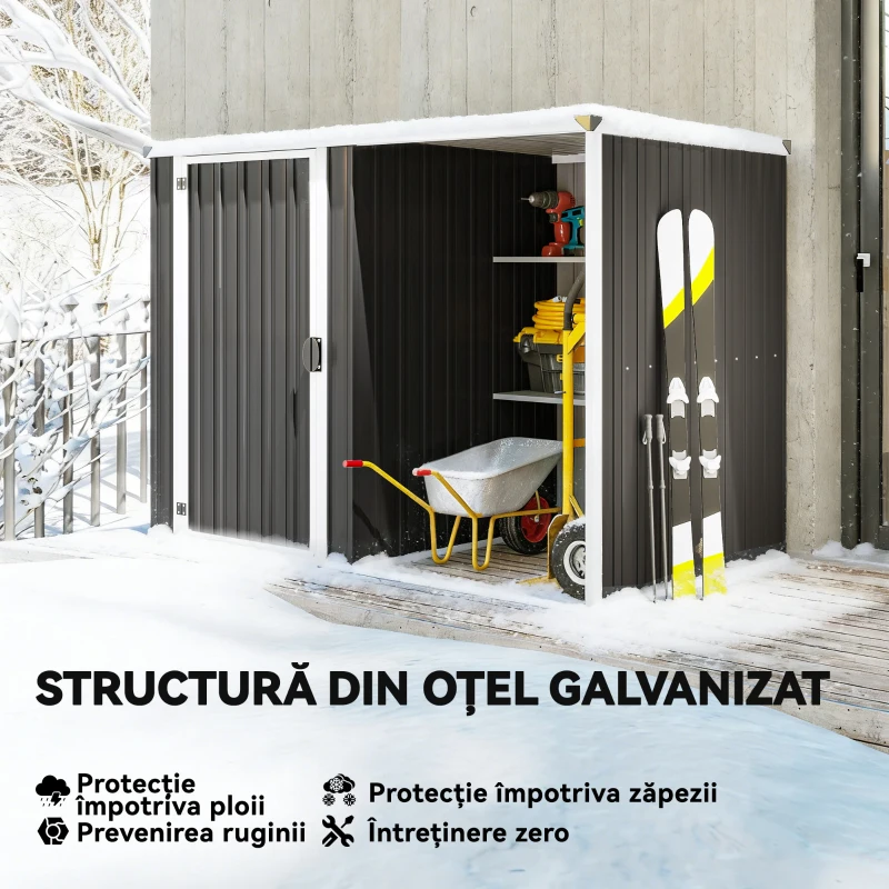 Outsunny Șopron de Grădină din Oțel Galvanizat, Ușă Blocabilă, 231 x 125 x 162 cm, Gri Închis