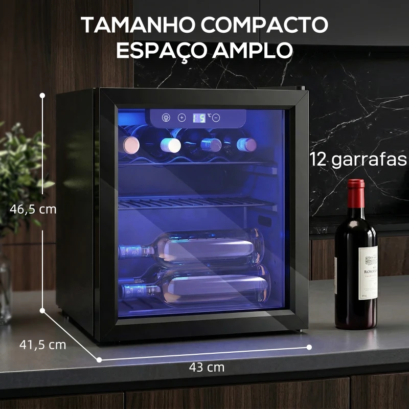 HOMCOM Vinoteca 12 Garrafas Frigorífico para Vinhos com Capacidade de 36 L Temperatura Ajustável 4-16℃ Porta de Vidro Luz LED Preto
