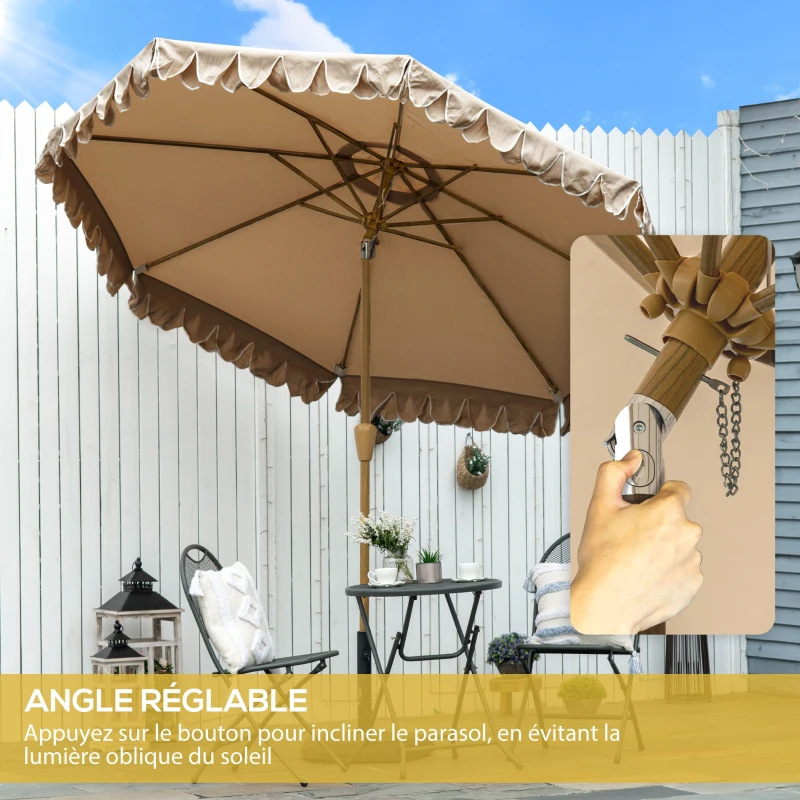 Outsunny Tilting Round Parasol Ø 264 cm with Frills High-Density UV-Resistant Polyester Fabric Removable Pole 8 Ribs - Khaki