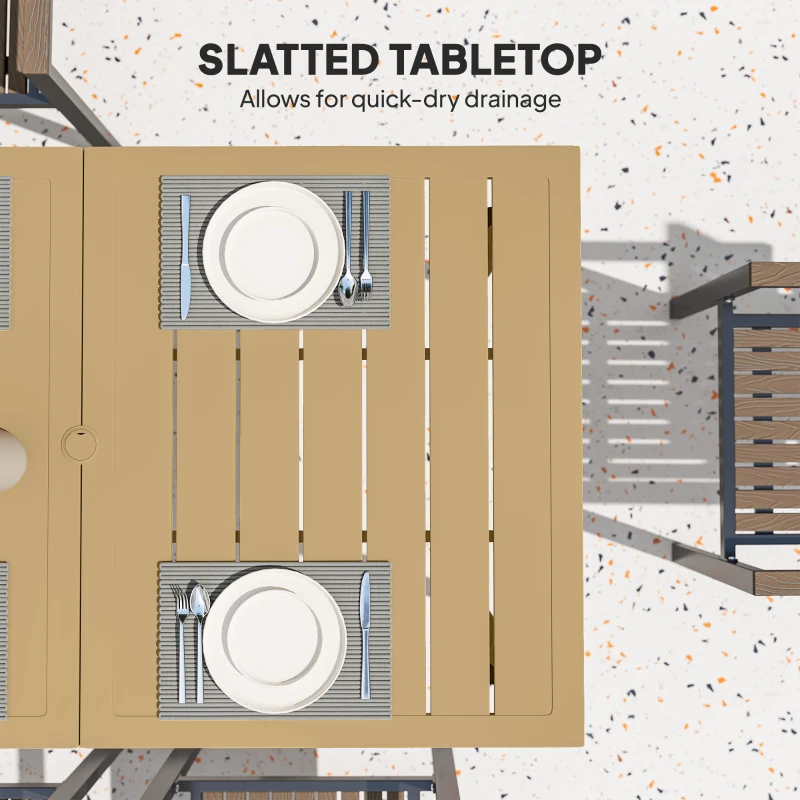 Outsunny Garden Dining Table, 150 x 90 cm Rectangle Outdoor Table with 5 cm Parasol Hole, Slatted Tabletop and Steel Frame for Patio Balcony, (Table Only) Brown