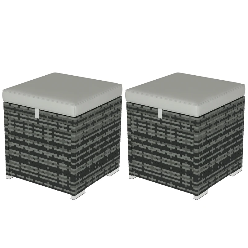 Outsunny Set of 2 PE Rattan Stools with Storage Garden Footrest with Cushion 40 x 40 x 41 cm, Light Gray