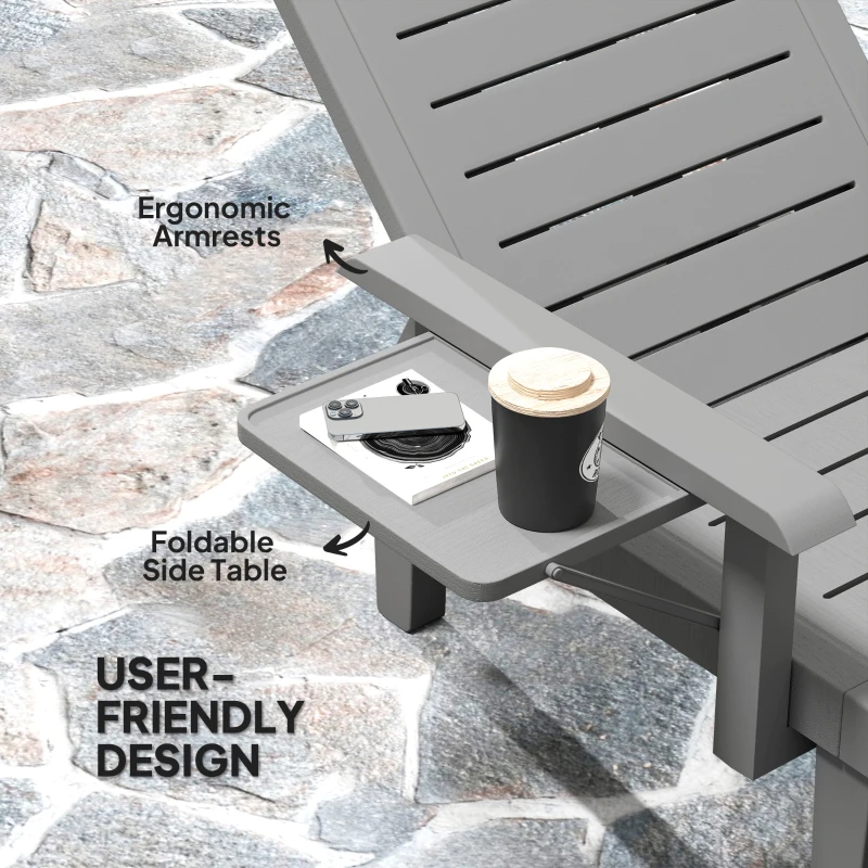 Outsunny Leżak ogrodowy z bocznym stolikiem, wykończenie drewniane, regulowane oparcie 5-poziomowe, ciemnoszary