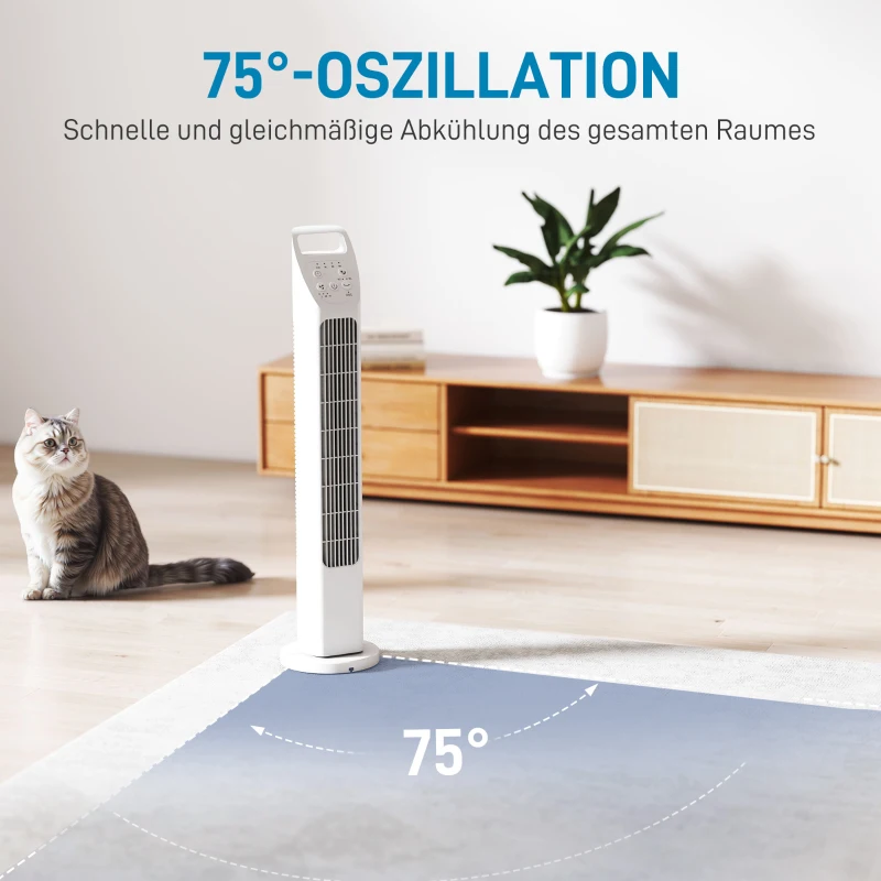 HOMCOM Turmventilator mit Fernbedienung, 7,5-Stunden-Timer, leiser Ventilator für Schlafzimmer, Weiß