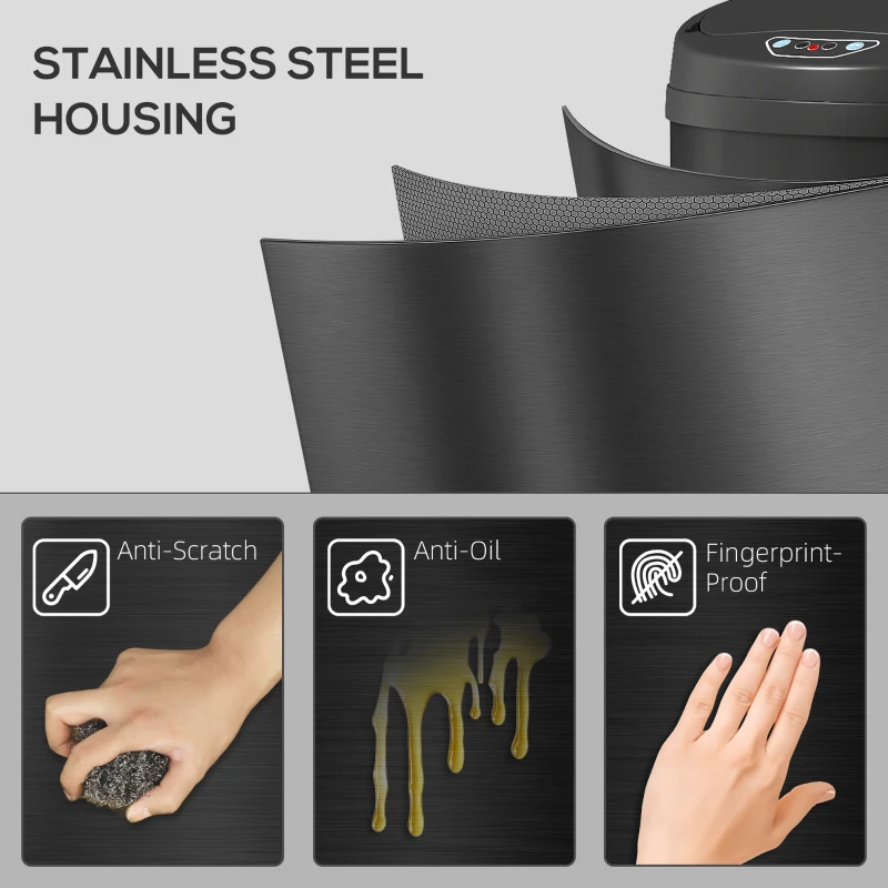 HOMCOM 50-litrowy kosz na śmieci z funkcją Soft-Close, bezdotykowy, ze stali nierdzewnej, dla higienicznych kuchni, biur, kolor srebrny