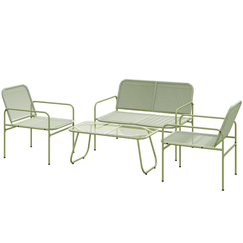 Outsunny Outdoor Woven Resin 4-Seater Garden Set, 2-Seater Sofa, 2 Chairs, Tempered Glass Table Steel Frame Green
