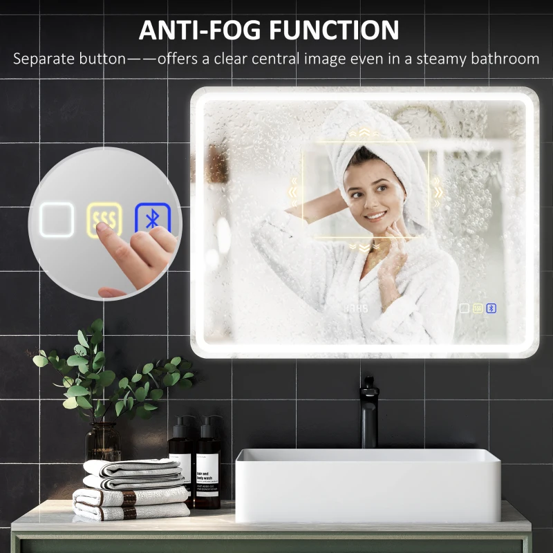 HOMCOM 700 x 900 mm Bluetooth Bathroom Mirror with LED Lights, Illuminated Backlit Wall Mounted Vanity Mirror with 3 Colours Dimmable, Clock, Anti-Fog, Memory & Touch Switch, IP44