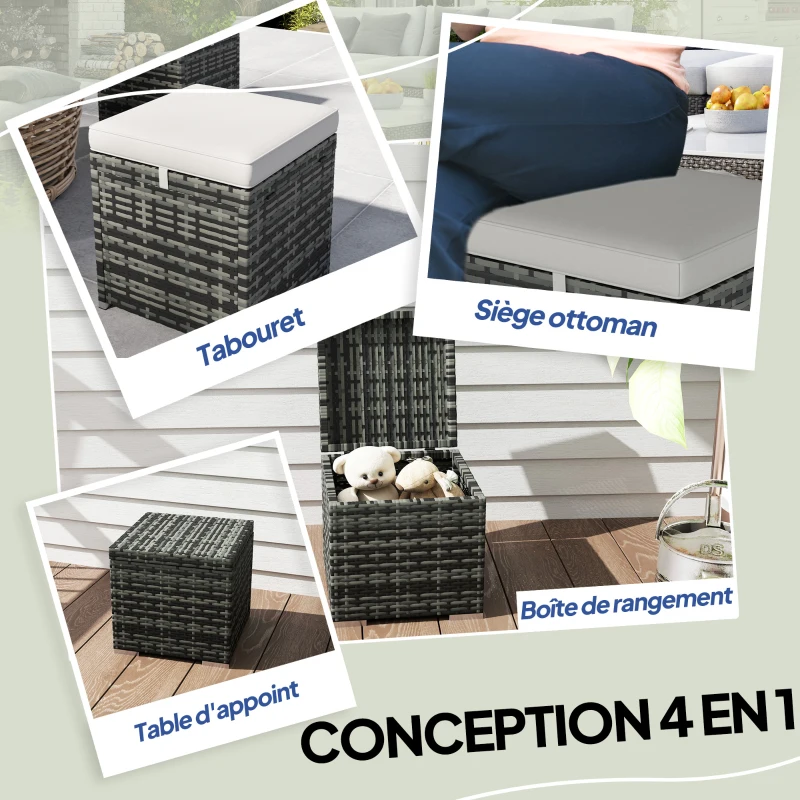 Outsunny Set of 2 PE Rattan Stools with Storage Garden Footrest with Cushion 40 x 40 x 41 cm, Light Gray