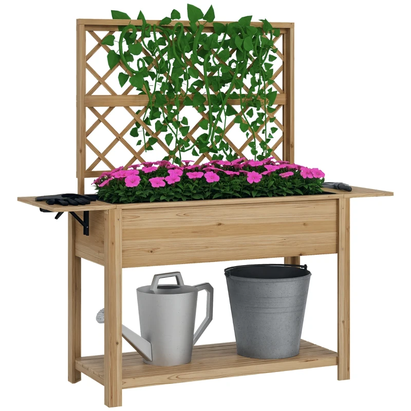 Outsunny Rectangular planter on legs with trellis 2 foldable side shelves 1 lower shelf wood