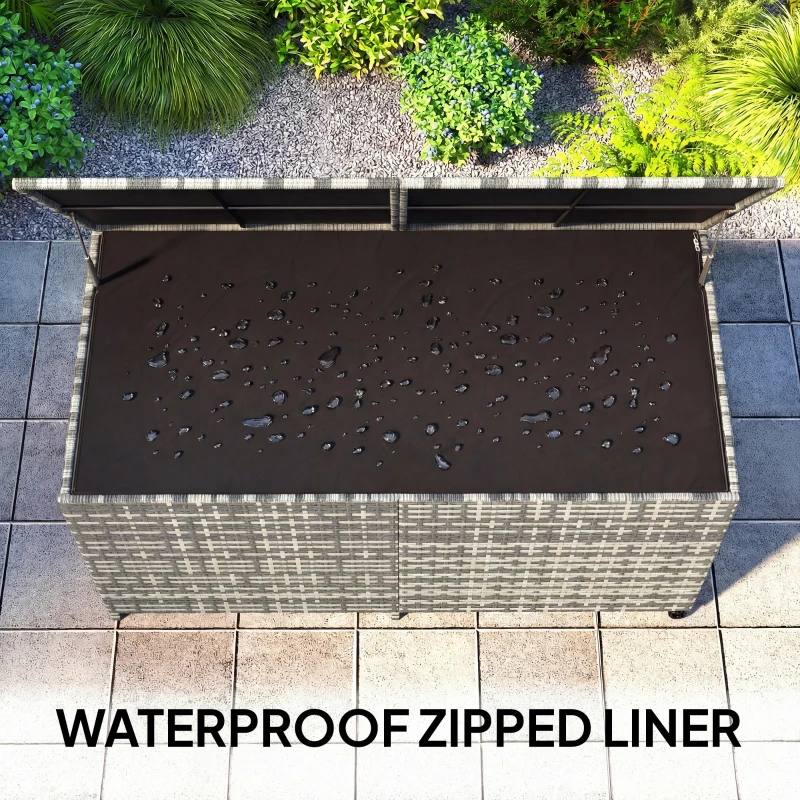 Outsunny 650L Garden Storage Box with 2 Wheels, Rattan Deck Box with Waterproof Zipped Liner, Safe Pneumatic Rods, Mixed Grey