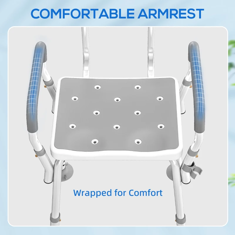 HOMCOM EVA Padded Shower Chair for the Elderly and Disabled, Height Adjustable Shower Stool with Back and Arms, 4 Suction Foot Pads, Light Grey