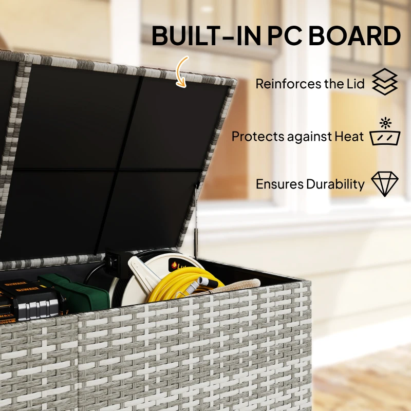 Outsunny 650L Garden Storage Box with 2 Wheels, Rattan Deck Box with Waterproof Zipped Liner, Safe Pneumatic Rods, Mixed Grey