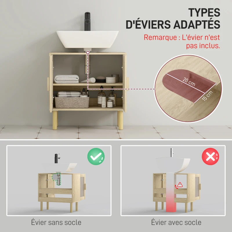 HOMCOM Bathroom under-sink cabinet under-sink cabinet rattan doors pine legs 2 tiers 60 x 30 x 60 cm oak