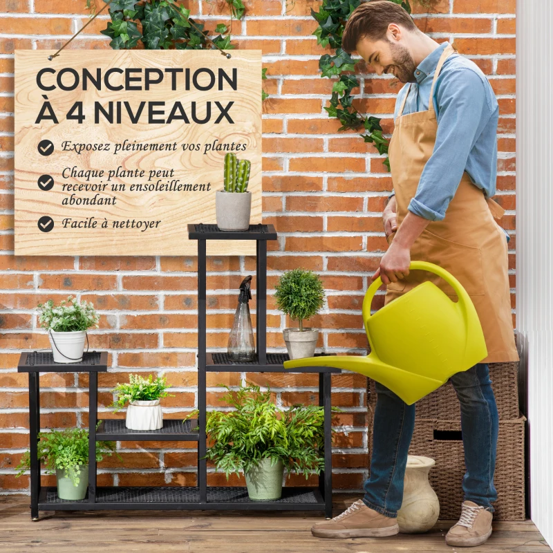 Outsunny 4-Tier Plant Stand for Indoor and Outdoor Metal Plant Shelf for Garden, Patio, Balcony, Black