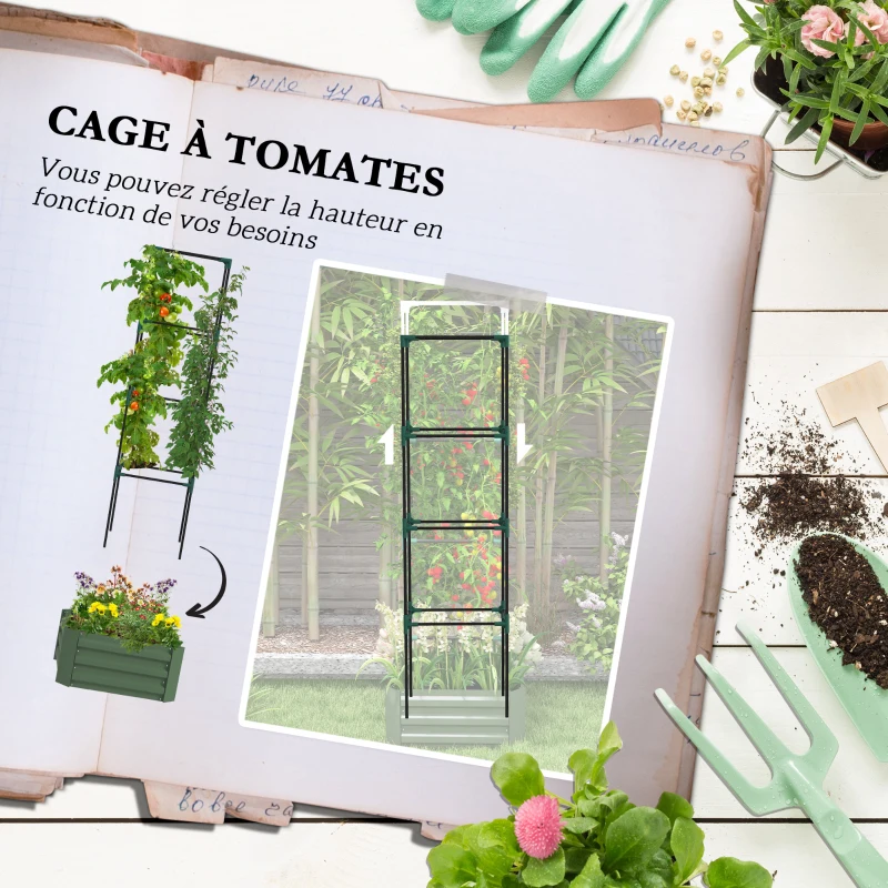 Outsunny Planter with Adjustable Trellis, Flower Box with Tomato Cage Galvanized Steel 61 x 61 x 187 cm Green
