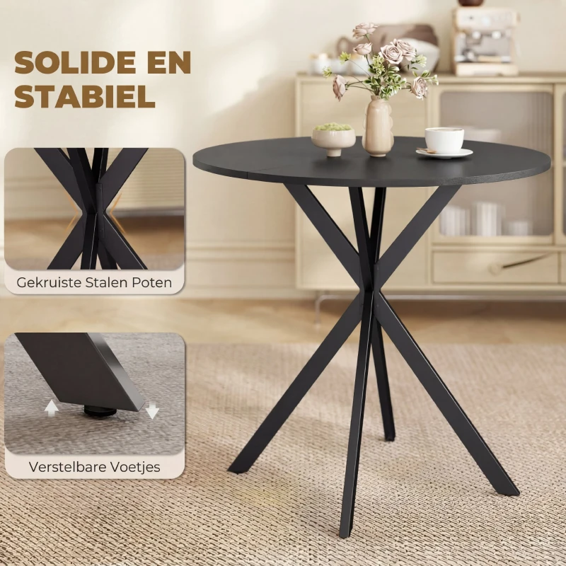 HOMCOM Ronde keukentafel, 80 cm, compact tafelblad, spaanplaat, metaal, zwart