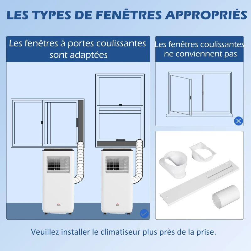 HOMCOM Climatiseur mobile 7000BTU 2kW 5 en 1 refroidissement, déshumidificateur, ventilateur, auto, mode nuit, 2 vitesses