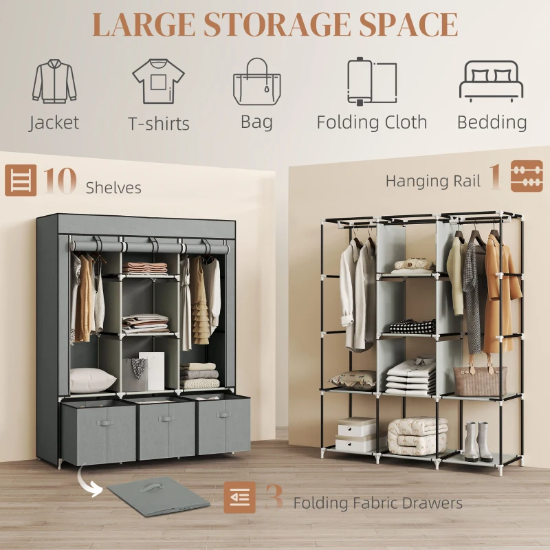 HOMCOM Foldable Fabric Wardrobe for Bedroom, Portable Wardrobe with 5 Shelves, 2 Hanging Rails and 3 Fabric Drawers, Light Grey