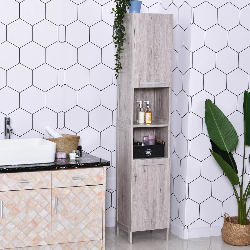 HOMCOM Meuble Colonne Rangement Salle de Bain dim. 30L x 32l x 172H cm 2 placards avec étagère + 2 niches MDF Imitation Bois Gris