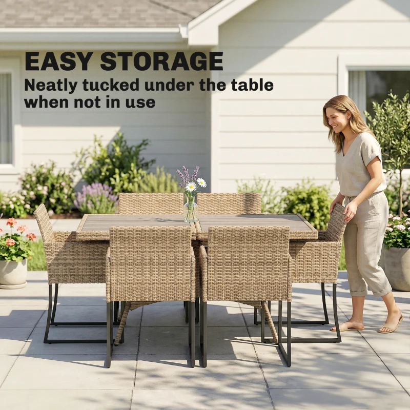Outsunny 7 Piece Rattan Garden Furniture Set, Garden Dining Set with Wood-Plastic Table and 6 Stackable Chairs, Dark Grey