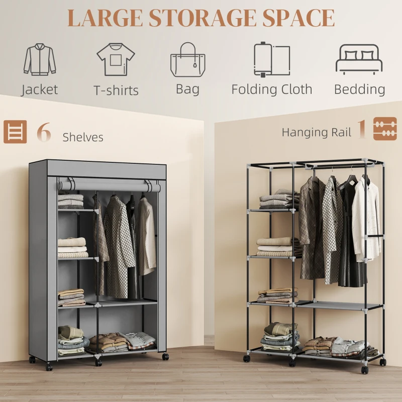 HOMCOM Szafa z materiału, rozwiązanie do przechowywania, 6 półek, 1 drążek na ubrania, jasnoszara